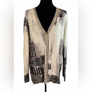 Chico's Abstract Print V-Neck Cardigan Top Gold Metallic Trim Size 2 ( US L)